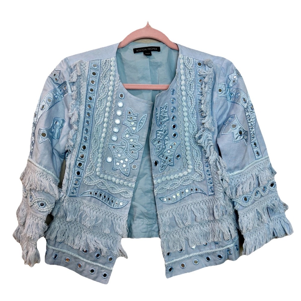 Boston Proper Blue Mirror Embellished Fringe Linen Blend‎ Jacket XS